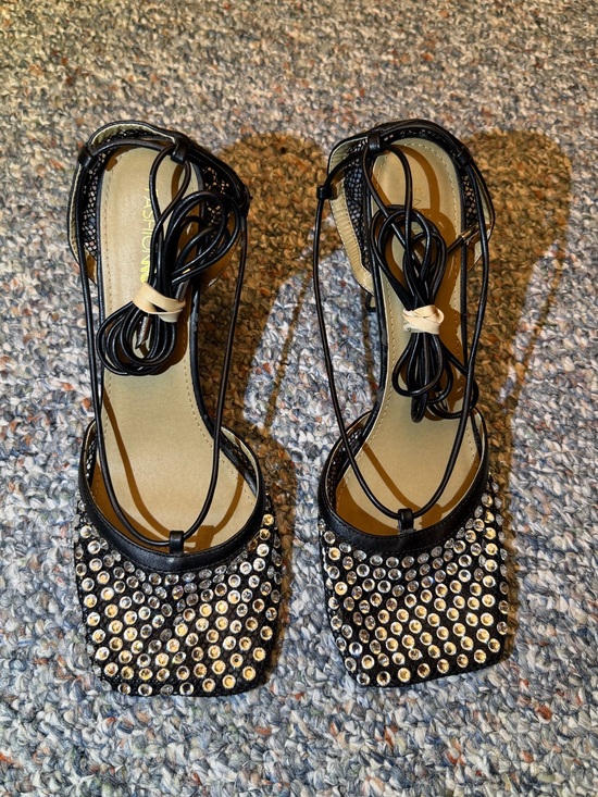Fashion Nova Shoes - Women’s size 11 fashion nova 4.5” high heels square toe bedazzled strappy